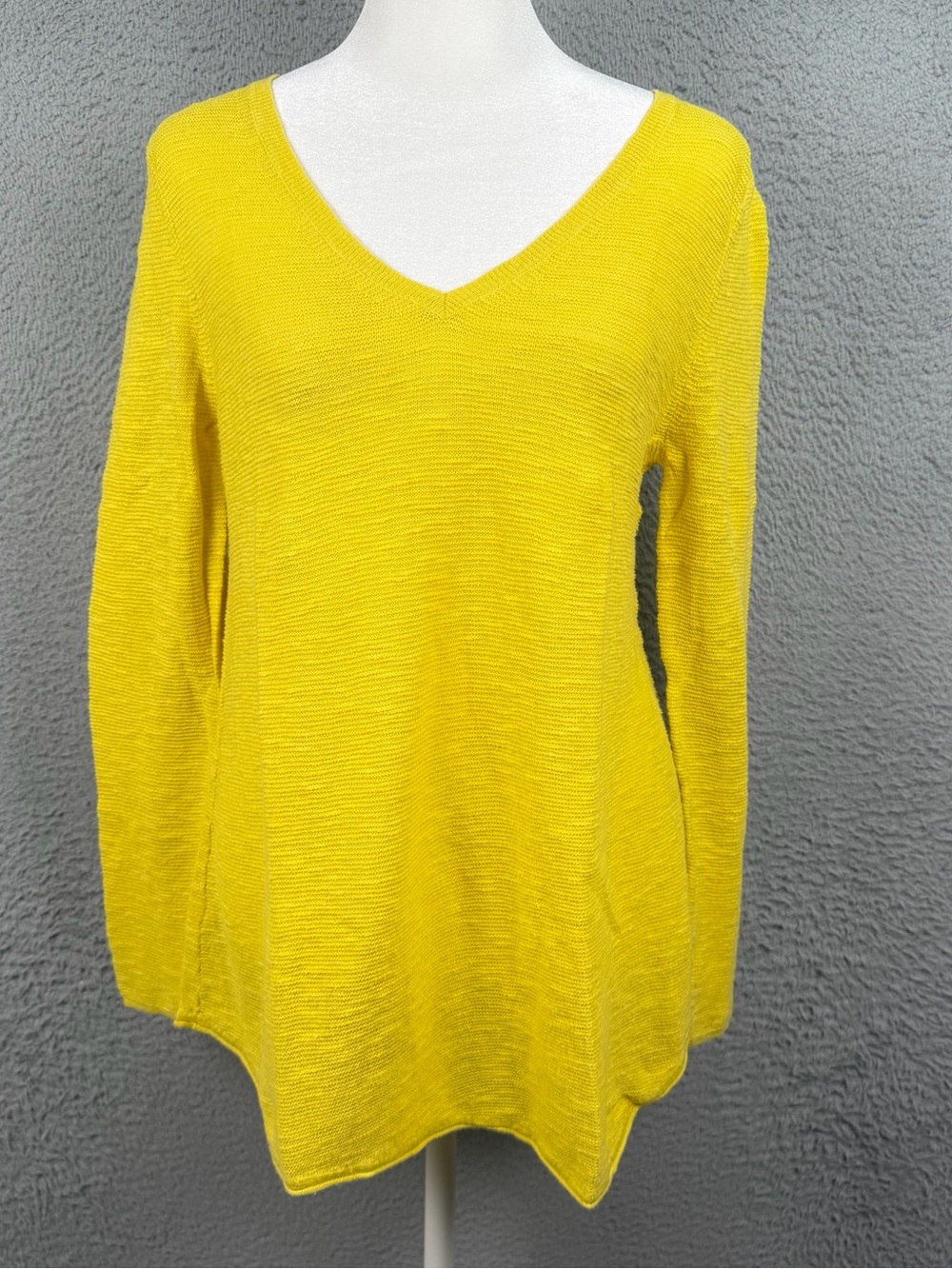 Eileen Fisher Top Womens Small Yellow V Neck Long Sleeve Knit Linen Blend Preppy